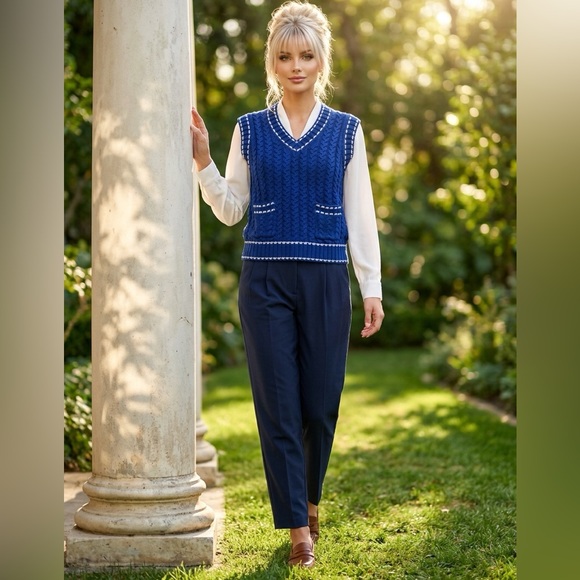 DAVI & DANI Sweaters - DAVI & DANI Cable Navy Knit Vest with White Trim​